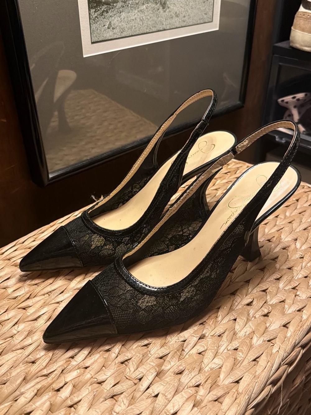 Jessica Simpson Black Lace Pointed Slingback Heels